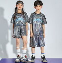 子供 ダンス 衣装 スパンコール 2点セット ジャズ ヒップホップ 演出服 かっこいい ダンス衣裳 キラキラ 半袖Tシャツ 半ズボン jazz hiphop キッズ スパンコール 演出服 ステージ衣装 グレー(4)