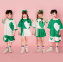 キッズ ダンス衣装 2点セット 子供 ジャズ ヒップホップ チア ダンス 衣装 女の子 Tシャツ＋フリルスカート 男の子 Tシャツ＋半ズボン 学校 運動会 体育祭 演出服 チア 団服 発表会 jazz hiphop グリーン