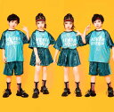 キッズかっこいいダンス衣装 光沢有り ジャズ ヒップホップ 演出服 チアガール Tシャツ+半ズボン/スカート 舞台演出服 jazz hiphop 団服 ステージ衣装 男女お揃い 演出服