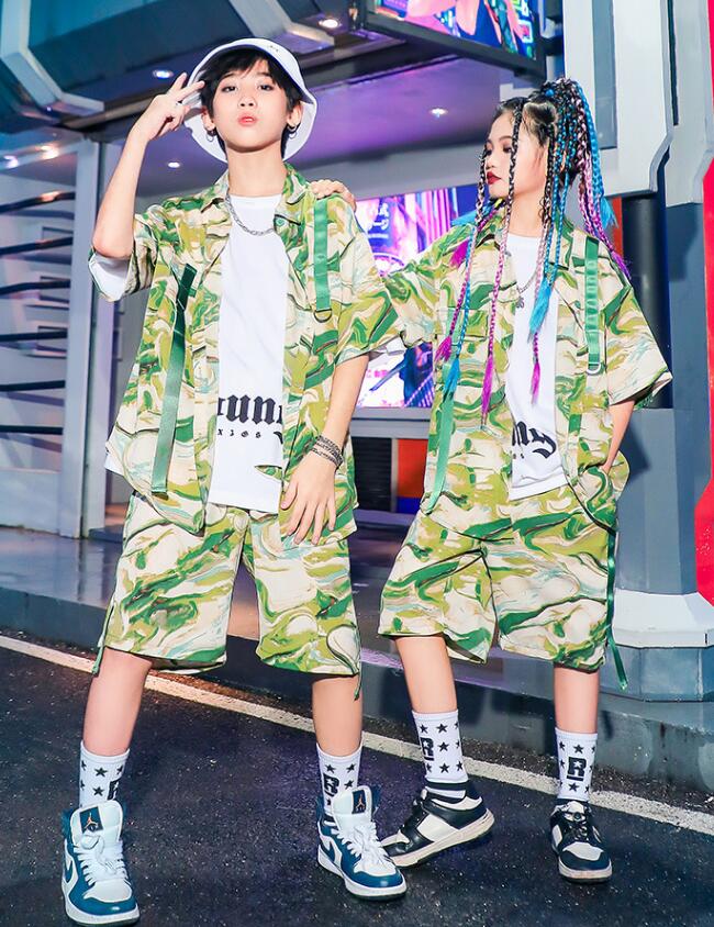 Short Sleeves - キッズ中華風ダンス 衣装 ジャズ ヒップホップ かっこいい 演出服 配色 チャイナボタン 半袖シャツ 半ズボン 男女兼用 jazz hiphop popping locking 子供 ダンス衣装 黒 緑