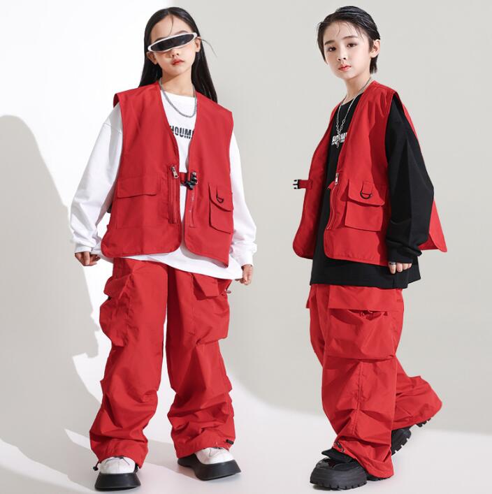Rakuten - キッズ かっこいいダンス衣装 カーゴベスト カーゴパンツ 長袖Tシャツ ジャズ ヒップホップ 舞台衣装 キッズ演出服 jazz hiphop 男女兼用 スポーツウェア 団服 大きいサイズ 110-180 レッド