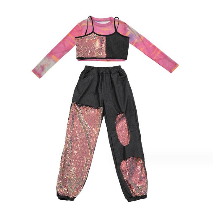 女の子ダンス衣装 ジャズ ヒップホップ ダンス衣装 スパンコール 演出服 3点セット スパンコールパンツ キラキラ jazz hiphop ステージ 個性 演出服 ピンク