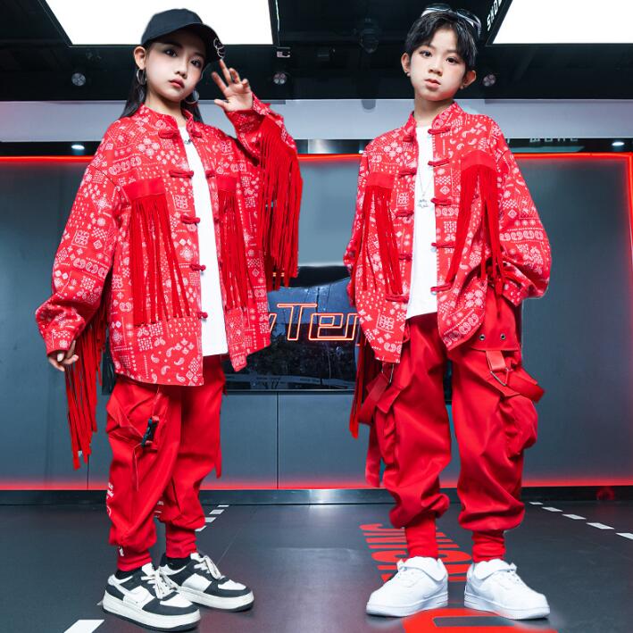 Rakuten - 子供ダンス衣装 フリンジ付き キッズ ジャズ ヒップホップ 演出服 花柄シャツ カーゴパンツ サルエルパンツ 男女お揃い ダンス衣裳 jazz hiphop popping locking 演出服 レッド
