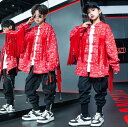 子供ダンス衣装 キッズ ヒップホップ ジャズ 演出服 フリンジ付き キッズ 花柄シャツ カーゴパンツ サルエルパンツ 男女お揃い ダンス衣裳 jazz hiphop popping locking 演出服 レッド ブラック