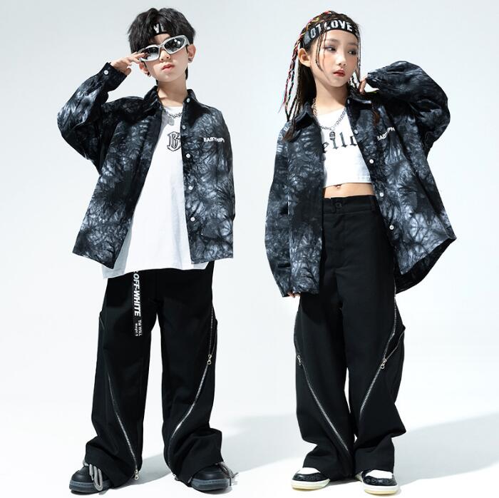 キッズ ダンス 衣装 ジャズ ヒップホップ 子供 かっこいい ダンス衣装 花柄長袖シャツ カーゴパンツ 男女お揃い ダンス衣装 jazz hiphop popping locking 子供 ヒップホップ 演出服