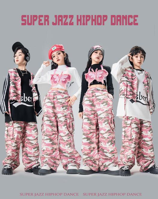 女の子ジャズダンス衣装 蝶柄 ベスト カモフラージュ 迷彩柄パンツ 女の子 ダンス カーゴパンツ ジャズ ヒップホップ ダンス衣装 バタフライ元素 演出服 jazz hiphop ステージ衣装 ピンク
