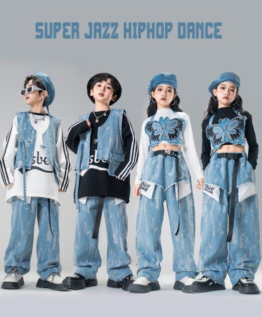 キッズ ダンス 衣装 子供 ヒップホップ ジャズ 演出服 デニムパンツ デニムベスト 男女お揃い 演出服 カーゴパンツ ジャズ ヒップホップ 演出服 jazz hiphop ステージ衣装 デニム ダンス衣装