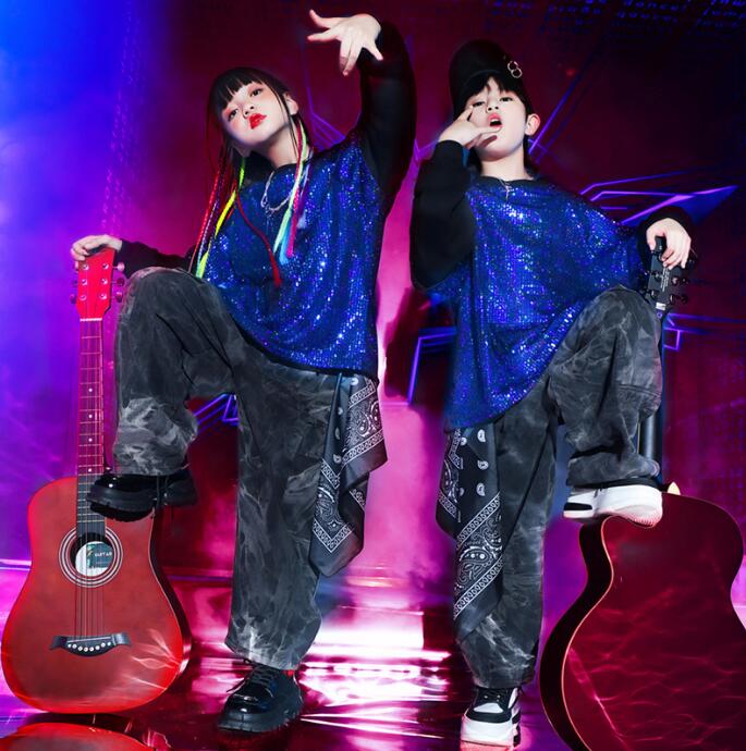キッズダンス衣装 スパンコール キラキラ 演出服 子供 ジャズ ヒップホップ 男女お揃い 舞台演出服 hiphop jazz スパンコールTシャツ ゆったり カーゴパンツ 個性 かっこいい ステージ衣装
