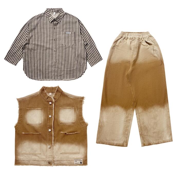 キッズダンス衣装 子供 デニムベスト デニムパンツ ストライプ柄シャツ キッズ ジャズ ヒップホップ 演出服 hiphop jazz 男女お揃い 個性 かっこいい グラデーション ステージ衣装