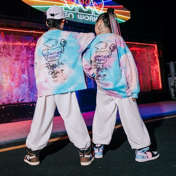キッズダンス衣装 長袖 タイダイ柄Tシャツ 白 サルエルパンツ 子供 ジャズ ヒップホップ 演出服 hiphop jazz 男女お揃い 個性 かっこいい グラデーション ステージ衣装