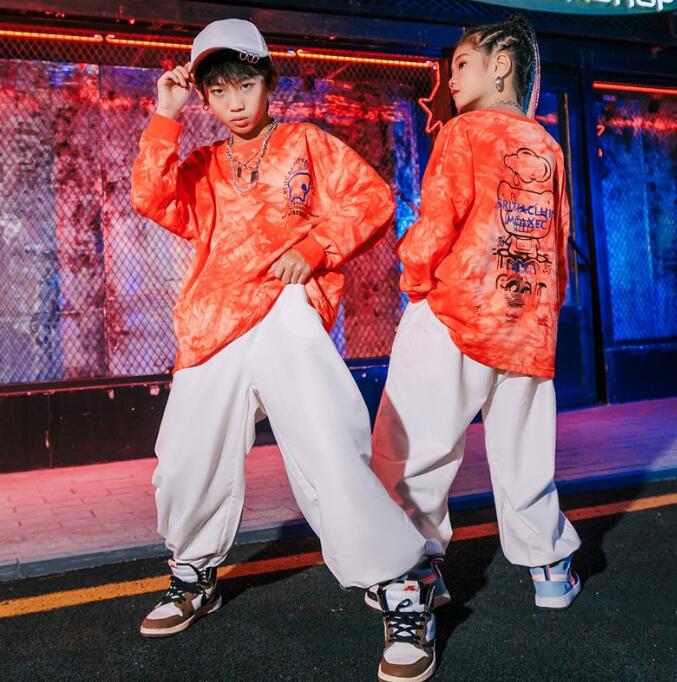 キッズダンス衣装 長袖 タイダイ柄Tシャツ 白 サルエルパンツ 子供 ジャズ ヒップホップ 演出服 hiphop jazz 男女お揃い 個性 かっこいい グラデーション ステージ衣装 オレンジ