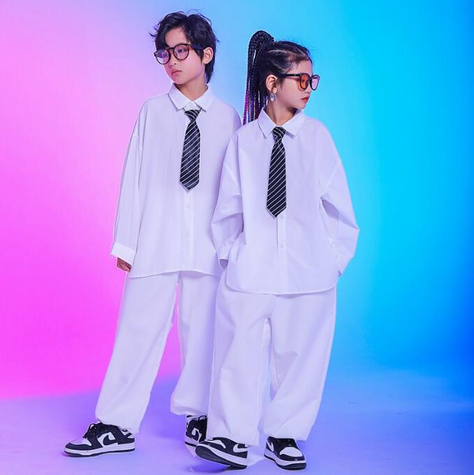 キッズダンス衣装 白 長袖シャツ サルエルパンツ 子供 ジャズ ヒップホップ 演出服 hiphop jazz 男女お..