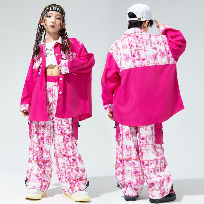 Rakuten - キッズ ダンス 衣装 ジャズダンス ヒップホップ 演出服 男女お揃い かっこいい カーゴパンツ 長袖シャツ 配色 チェック柄 舞台 演出服 子供服 jazz hiphop ステージ衣装 ローズピンク