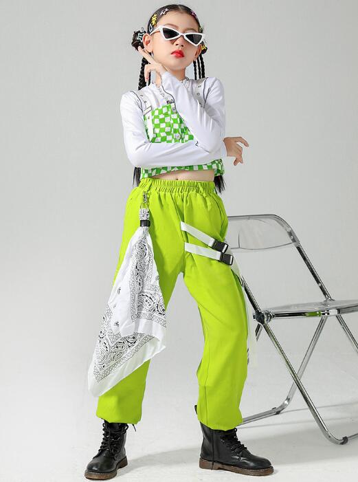 女の子 ダンス衣装 ジャズ ヒップホップ ダンス用 カーゴパンツ へそ出しTシャツ 女の子 かっこいい ダンス衣装 jazz hiphop チェック柄 ベスト 女の子 ダンス衣装 グリーン