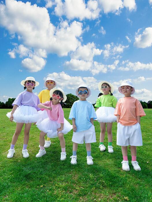 子供 夏服 セットアップ カラフル ダンス衣装 2点セット チュチュ スカート チア ガールズ 応援団 男女..