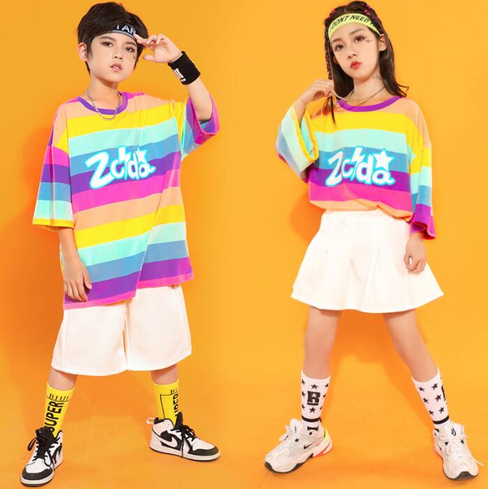 キッズダンス衣装 子供 チアダンス衣装 虹色 Tシャツ 子ども 男女お揃い 演出服 パンツセット スカートセット プリーツスカート 入学式 卒業式 幼稚園 園服 チアガール 2点セット