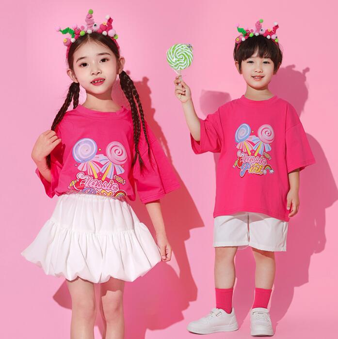 子供 チア ダンス衣装 男女お揃い 演出服 セットアップ 半袖Tシャツ 半ズボン フリ...