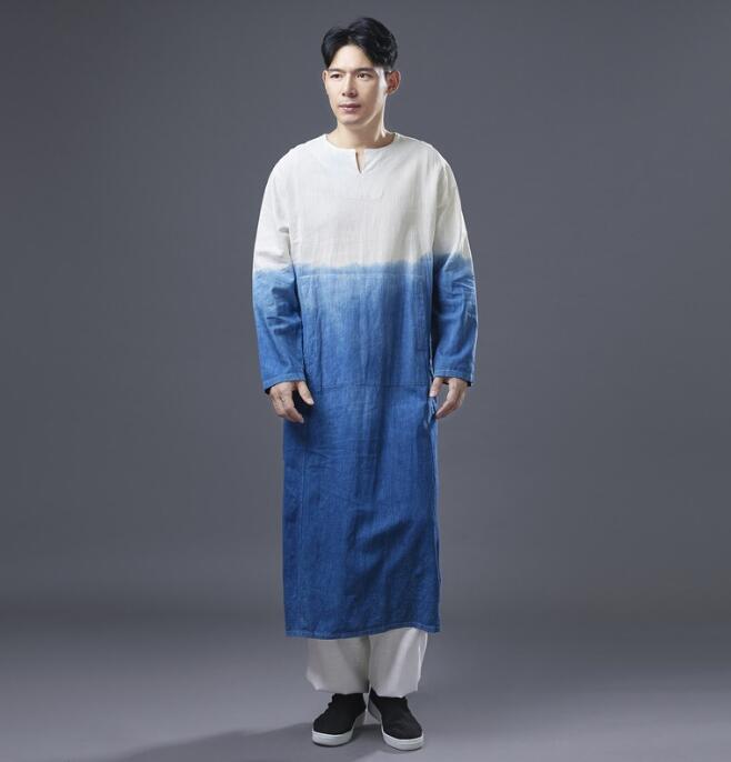 メンズ チャイナ服 長袍 唐装 民族風 亜麻 中華服 唐装 洗い加工 ハンドメイド タイダイ柄 チャイナド..