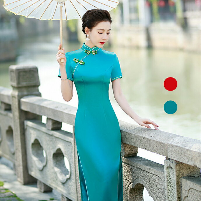 半袖 チャイナドレス ロング丈 パーティードレス 細身ドレス マキシ丈 チャイナ服 チャイナボタン 中華風 ドレス 発表会 謝恩会 花嫁 中華風ドレス お呼ばれ 中華服