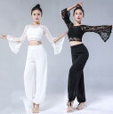ヨガウェア セットアップ レースTシャツ フレア袖 レースダンス衣装 サルエルパンツ ヨガパンツ ヨガ 演出服 レッスン着 練功服 黒 白