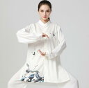 太極拳 服 レディース 武術服 中華服 綿麻 カンフーウェア 上下セット 鶴柄 長袖 太極拳服 茶服 チャイナ服 武術 功夫 練功服 大極拳パンツ 文化祭 学園...