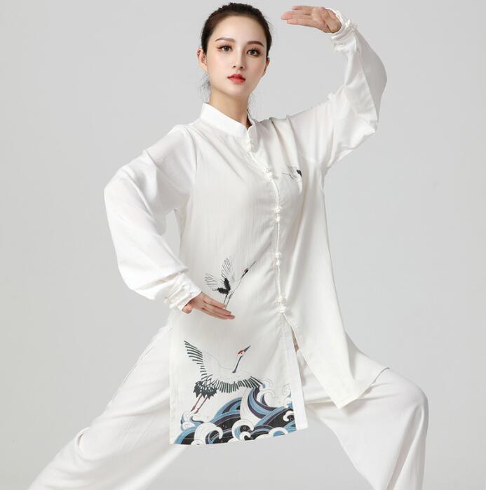 太極拳 服 レディース 武術服 中華服 綿麻 カンフーウェア 上下セット 鶴柄 長袖 ...