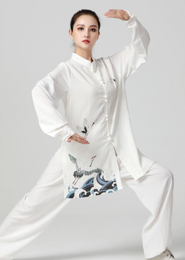 太極拳 服 レディース 武術服 中華服 綿麻 カンフーウェア 上下セット 鶴柄 長袖 ...