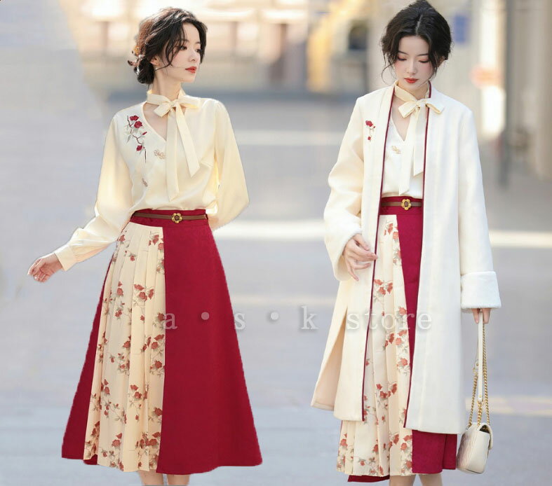 漢元素 春服 秋服 ロング丈ダッフルコート Vネックシャツ 刺繍 綿麻シャツ ミモレ丈 プリーツスカート 改良版漢服 中華風衣装 エレガント コスチューム 撮影...