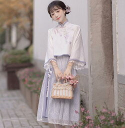 中華服 上下セット フレア袖 チャイナ服 刺繍柄 ミモレ丈スカート レーススカート 漢元素 春服 秋服 可愛い エレガント 改良版漢服 花見 撮影衣装 学園祭 文化祭 イベント 発表会 衣装 パープル