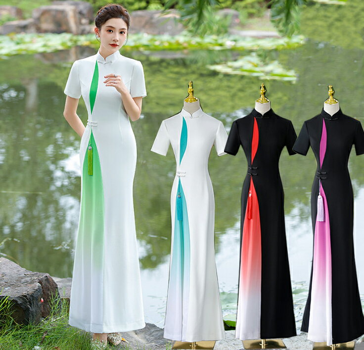 China Dress - チャイナドレス 半袖 ロング丈 チーパオ 配色 グラデーション 細身ドレス レトロ 中華風ドレス エレガント パーティードレス 発表会 謝恩会 花嫁 お呼ばれ 中華風ドレス 合唱団服 4色