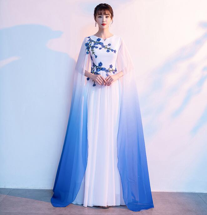 マキシ丈 チャイナドレス 上品 刺繍付き ロング丈 チーパオ グラデイーションカーバー付き パーティードレス 花嫁 発表会 謝恩会 呼ばれ 中華風ドレス 大きいサイズ 中華服 合唱団服 ブルー
