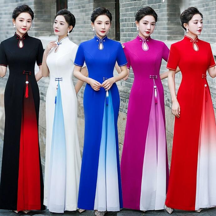 半袖 チャイナドレス 配色 マキシ丈 パーティードレス 色スプライス チャイナドレス 中華風 細身ドレス グラデーション 発表会 謝恩会 花嫁 合唱団 演出服 中華風ドレス お呼ばれ 大きいサイズ 中華服