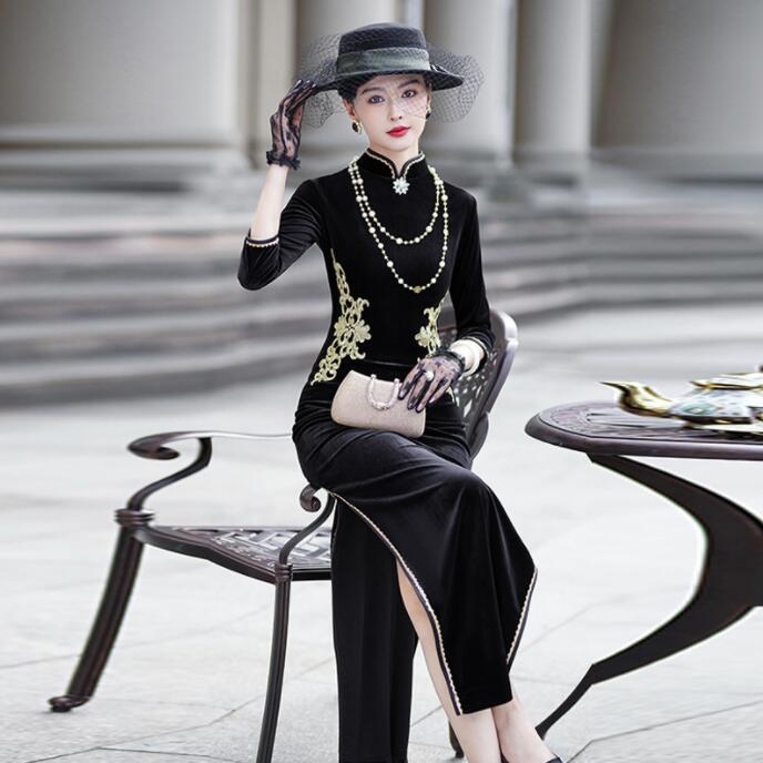 細身 チャイナドレス ロング丈 七分袖 中華風 パーティードレス マキシ丈 ベロア チャイナ服 刺繍 中華風 ドレス スリット入り 発表会 謝恩会 花嫁 お呼ばれ 中華服 ファッションショー 礼服