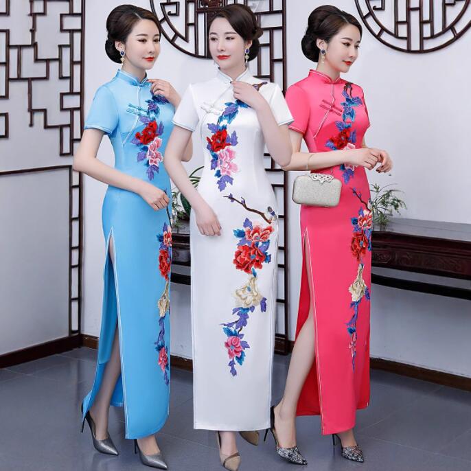 チャイナドレス ロング丈ドレス スリムラインドレス 中華服 マーメイドドレス 花の刺繍 スリット 古典ダンス衣装 合唱衣装 音楽会 イベント 文化祭 撮影衣装 大きいサイズチャイナドレス