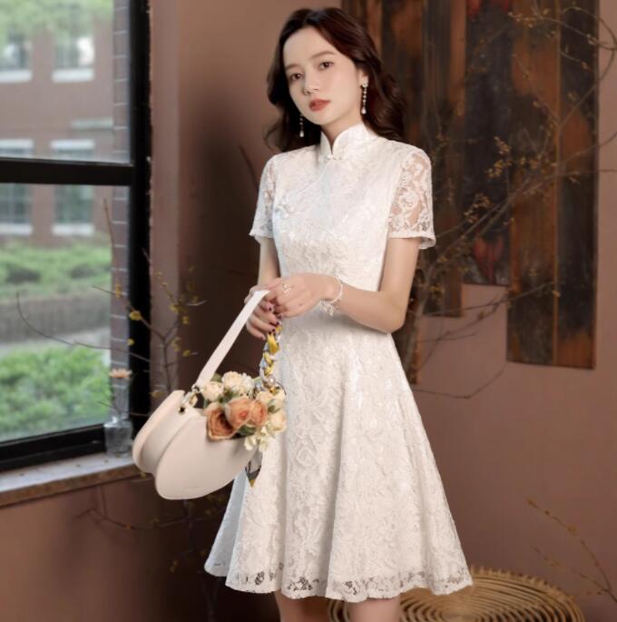 チャイナドレス ショート丈 改良版 チャイナドレス 普段も着用 レース ジャカード柄 チャイナドレス 細身 中華服 古典ダンス衣装 合唱衣装 発表会 音楽会 イベント 文化祭 撮影衣装