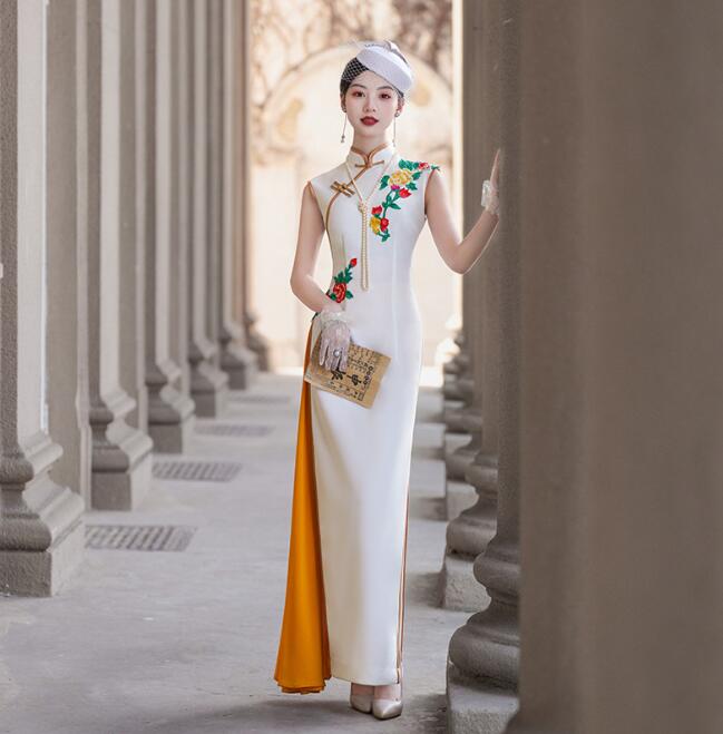 チャイナドレス マキシ丈 半袖/袖なし 中華風 細身ドレス 花の刺繍 パーティードレス スリット入り チャイナ服 発表会 謝恩会 花嫁 中華風ドレス お呼ばれ 大きいサイズ マーメイド 中華服