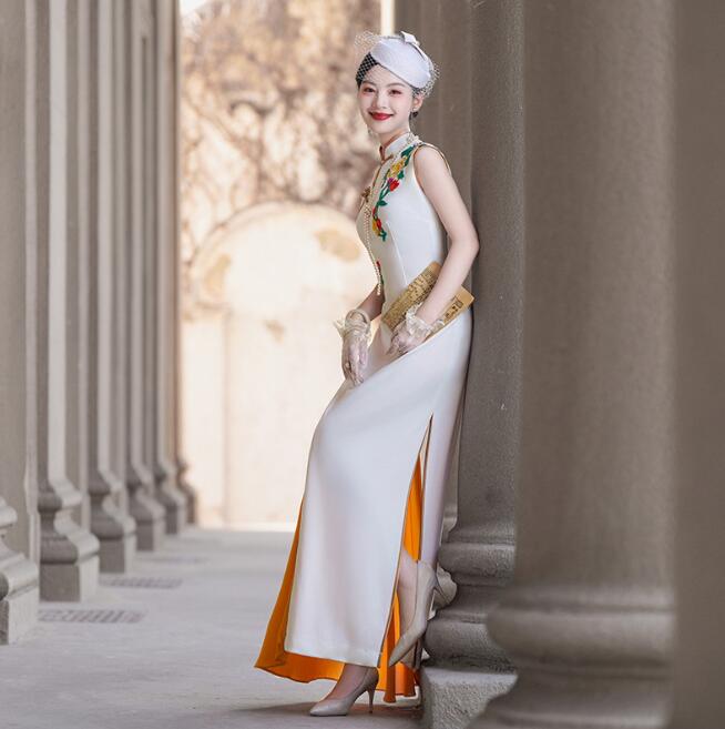 チャイナドレス マキシ丈 半袖/袖なし 中華風 細身ドレス 花の刺繍 パーティードレス スリット入り チャイナ服 発表会 謝恩会 花嫁 中華風ドレス お呼ばれ 大きいサイズ マーメイド 中華服