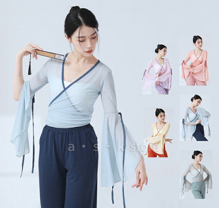 フレア袖 チュールTシャツ ダンストップス 中華風 古典ダンス衣装 フレア袖Tシャツ 薄手 シースルー Tシャツ 可愛い 舞台演出服 練習着 レッスンウェア ステージ衣装 おしゃれ