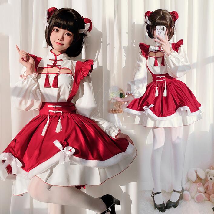 レディース チャイナ服風 メイド服 クリスマス コスプレ 衣装 チャイナドレス サンタコス クリスマス イベント コスチューム クリスマスツリー 変身仮装 レッド