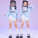 女の子 ジャズダンス衣装 KPOP ジャズ ヒップホップ チアダンス衣装 長袖メッシュTシャツ 半ズボン 女の子 夏服 学園祭 文化祭 チアダンス ステージ衣装 ブルー ホワイト