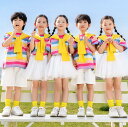 キッズ ダンス衣装 ジャズ ヒップホップ チアガールズ ダンス衣装 子供 夏服 男女お揃い 演出服 学園祭 文化祭 発表会 合唱団体服 虹色Tシャツ ボーダー柄 チュールTシャツ 半ズボン