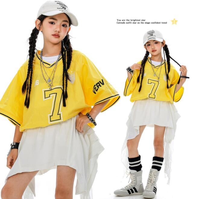 女の子 ジャズ ヒップホップ ダンス衣装 KPOP 子供 チアガールズ 舞台演出服 ゆったり Tシャツ イレギ..