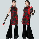 女の子 中華風ダンス衣装 ジャズ ヒップホップ ダンス衣装 花柄 チャイナドレス パンタロン ダンスパンツ フレアパンツ 女の子 発表会 演出服 jazz hiphop チアダンス ステージ衣装