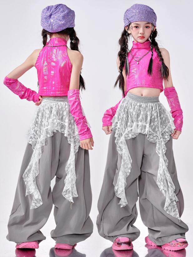 a・s・k storeの女の子 ダンス衣装 ジャズ ヒップホップ チアダンス 演出服 スパンコール ベスト ゆったり カーゴパンツ ガールズ jazz 演出服 子供 発表会 演出服 ピンク｜アングル2