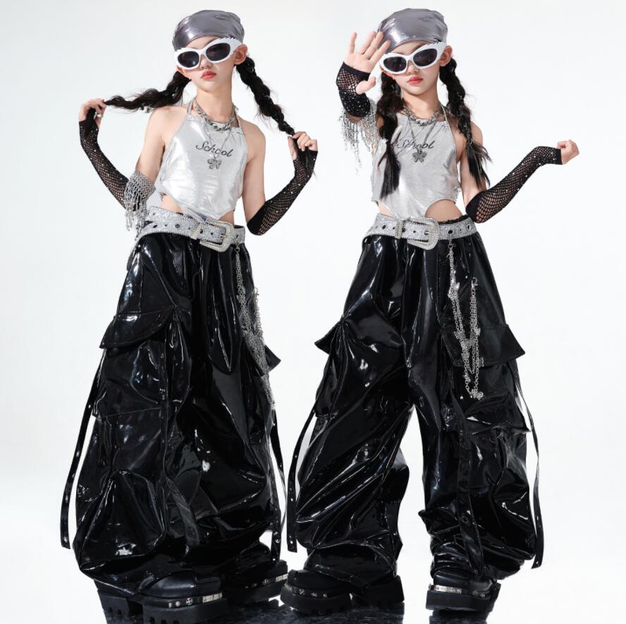 女の子 ダンス衣装 ジャズ ヒップホップ チアダンス 演出服 へそ出し レザーベスト ゆったり カーゴパ..