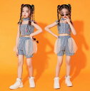 キッズ ダンス 衣装 女の子 ジャズダンス 衣装 デニム 演出服 パンツセット 舞台演出服 女の子 ジャズ ヒップホップチアダンス 演出服 jazz hiphop チアダンス ショー 3点セット ブルー