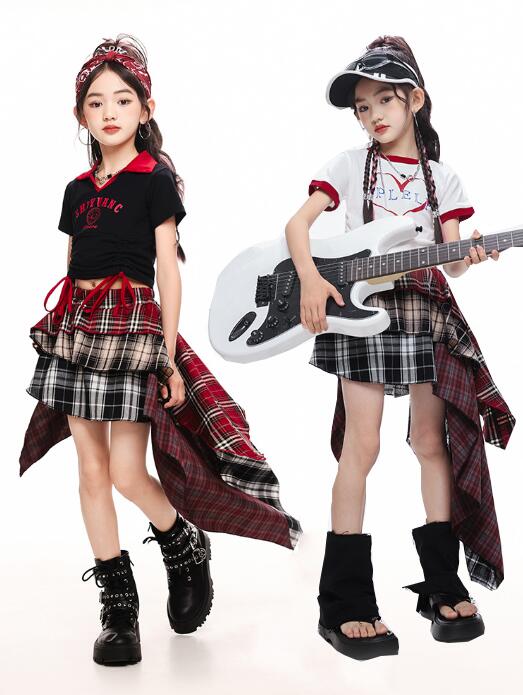 女の子 ジャズダンス 衣装 セットアップ 配色 チェック柄スカート へそ出し半袖Tシャツ 子供 ジャズ ヒップホップダンス 演出服 可愛い ダンス衣装 イレギュラー裾スカート jazz hiphop チアダンス ショー ガールズ 演出服
