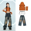 女の子ダンス衣装 子供 デニムパンツ ダメージ加工 ジーンズ ダボ感 デニムパンツ 子供服 へそ出しパーカー カーゴパンツ 女の子 jazz hiphop 舞台演出服 チア ガールズ 演出服