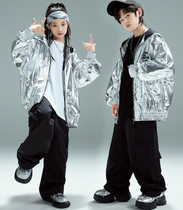 キッズ ダンス 衣装 ジャズ ヒップホップ 子供 かっこいいダンス衣装 jazz hiphop 男女兼用 レザー パーカー 光沢有り コート カーゴパンツ 演出...