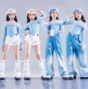 女の子 ジャズダンス衣装 かっこいい 舞台演出服 ボートネック長袖Tシャツ 蝶飾り付き ロングパンツ 半ズボン チアガール ダンス衣装 子供 ジャズ ヒップホップ 舞台演出服 チア ガールズ 演出服 ブルー